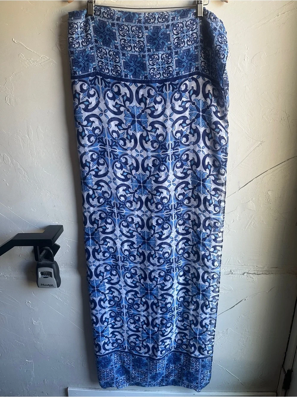 Blue Tile Print Scarf Wrap Blue White Mediterranean Boho Euro Summer 104x78